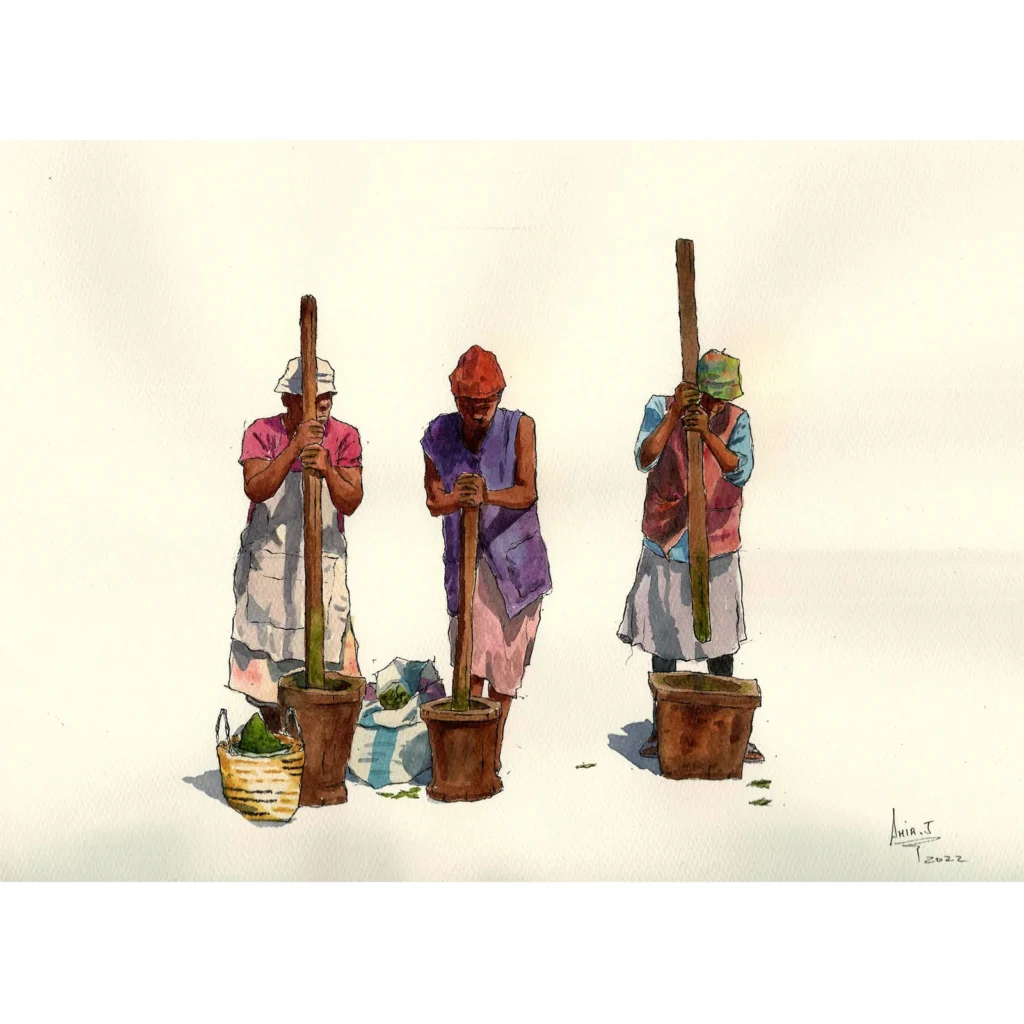 Mashing cassava leaves