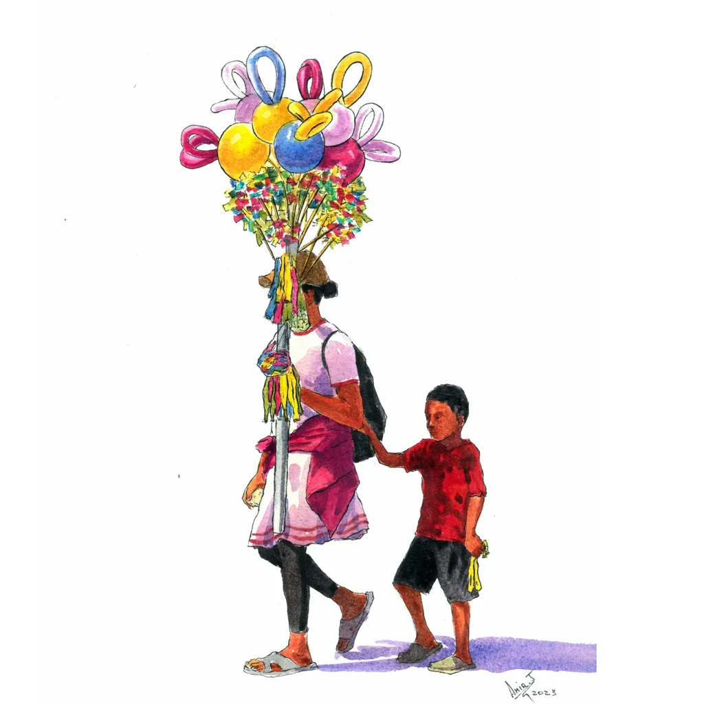 Selling balloons with mom